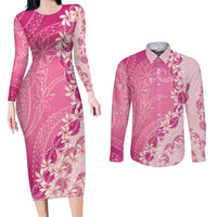 Heiva i Tahiti Couples Matching Long Sleeve Bodycon Dress and Long Sleeve Button Shirt Tahitian Tiare Maori Cowrie Lei Pink LT14 Pink - Polynesian Pride