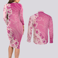 Heiva i Tahiti Couples Matching Long Sleeve Bodycon Dress and Long Sleeve Button Shirt Tahitian Tiare Maori Cowrie Lei Pink LT14 - Polynesian Pride