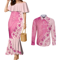 Heiva i Tahiti Couples Matching Mermaid Dress and Long Sleeve Button Shirt Tahitian Tiare Maori Cowrie Lei Pink