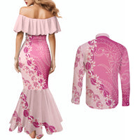 Heiva i Tahiti Couples Matching Mermaid Dress and Long Sleeve Button Shirt Tahitian Tiare Maori Cowrie Lei Pink