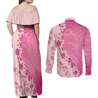 Heiva i Tahiti Couples Matching Off Shoulder Maxi Dress and Long Sleeve Button Shirt Tahitian Tiare Maori Cowrie Lei Pink