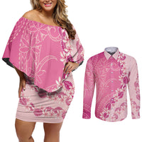 Heiva i Tahiti Couples Matching Off Shoulder Short Dress and Long Sleeve Button Shirt Tahitian Tiare Maori Cowrie Lei Pink