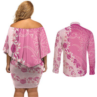 Heiva i Tahiti Couples Matching Off Shoulder Short Dress and Long Sleeve Button Shirt Tahitian Tiare Maori Cowrie Lei Pink