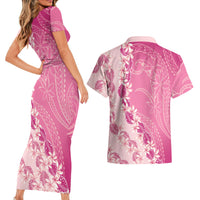 Heiva i Tahiti Couples Matching Short Sleeve Bodycon Dress and Hawaiian Shirt Tahitian Tiare Maori Cowrie Lei Pink