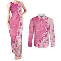 Heiva i Tahiti Couples Matching Tank Maxi Dress and Long Sleeve Button Shirt Tahitian Tiare Maori Cowrie Lei Pink