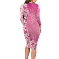 Heiva i Tahiti Long Sleeve Bodycon Dress Tahitian Tiare Maori Cowrie Lei Pink
