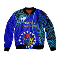 Personalised 8 December Pukapuka Island Gospel Day Sleeve Zip Bomber Jacket Cook Islands Tribal Pattern LT14 Unisex Blue - Polynesian Pride