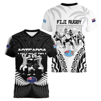 New Zealand And Fiji Tapa Rugby Women V-Neck T-Shirt Haka Dance Mix Cibi Dance Together