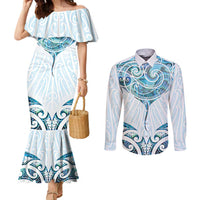 New Zealand Manta Ray Tattoo Couples Matching Mermaid Dress and Long Sleeve Button Shirt Aotearoa Maori Haehae Paua Shell - Polynesian Pride