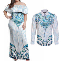 New Zealand Manta Ray Tattoo Couples Matching Off Shoulder Maxi Dress and Long Sleeve Button Shirt Aotearoa Maori Haehae Paua Shell - Polynesian Pride
