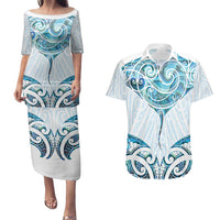 New Zealand Manta Ray Tattoo Couples Matching Puletasi and Hawaiian Shirt Aotearoa Maori Haehae Paua Shell - Polynesian Pride