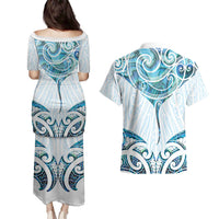 New Zealand Manta Ray Tattoo Couples Matching Puletasi and Hawaiian Shirt Aotearoa Maori Haehae Paua Shell - Polynesian Pride