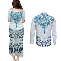 New Zealand Manta Ray Tattoo Couples Matching Puletasi and Long Sleeve Button Shirt Aotearoa Maori Haehae Paua Shell - Polynesian Pride