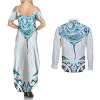 New Zealand Manta Ray Tattoo Couples Matching Summer Maxi Dress and Long Sleeve Button Shirt Aotearoa Maori Haehae Paua Shell - Polynesian Pride