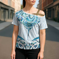 New Zealand Manta Ray Tattoo Cross Shoulder Shirt Aotearoa Maori Haehae Paua Shell - Polynesian Pride