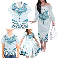 New Zealand Manta Ray Tattoo Family Matching Off The Shoulder Long Sleeve Dress and Hawaiian Shirt Aotearoa Maori Haehae Paua Shell - Polynesian Pride