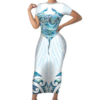 New Zealand Manta Ray Tattoo Short Sleeve Bodycon Dress Aotearoa Maori Haehae Paua Shell - Polynesian Pride