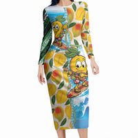 Aloha Hawaii Summer Long Sleeve Bodycon Dress Hawaiian Lei Surfing Mango Palaka Motifs LT14 Long Dress Blue - Polynesian Pride