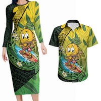 Hawaii Surfing Mango Couples Matching Long Sleeve Bodycon Dress and Hawaiian Shirt Manako Polynesian Fish Hook LT14 Green - Polynesian Pride