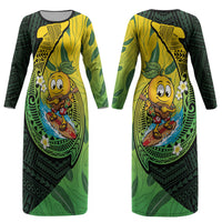 Hawaii Surfing Mango Couples Matching Long Sleeve Bodycon Dress and Hawaiian Shirt Manako Polynesian Fish Hook LT14 - Polynesian Pride