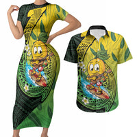 Hawaii Surfing Mango Couples Matching Short Sleeve Bodycon Dress and Hawaiian Shirt Manako Polynesian Fish Hook LT14 Green - Polynesian Pride