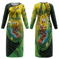 Hawaii Surfing Mango Family Matching Long Sleeve Bodycon Dress and Hawaiian Shirt Manako Polynesian Fish Hook LT14 Mom's Dress Green - Polynesian Pride