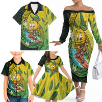 Hawaii Surfing Mango Family Matching Off The Shoulder Long Sleeve Dress and Hawaiian Shirt Manako Polynesian Fish Hook LT14 - Polynesian Pride
