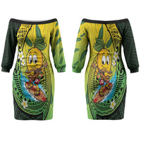 Hawaii Surfing Mango Family Matching Off The Shoulder Long Sleeve Dress and Hawaiian Shirt Manako Polynesian Fish Hook LT14 Mom's Dress Green - Polynesian Pride