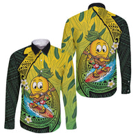 Hawaii Surfing Mango Family Matching Off The Shoulder Long Sleeve Dress and Hawaiian Shirt Manako Polynesian Fish Hook LT14 Dad's Shirt - Long Sleeve Green - Polynesian Pride