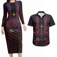 Filipino Barong Tagalog Inspired Personalised Couples Matching Long Sleeve Bodycon Dress and Hawaiian Shirt Mabuhay Philippines Festival Polynesian Pattern LT14 Black - Polynesian Pride