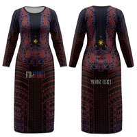 Filipino Barong Tagalog Inspired Personalised Couples Matching Long Sleeve Bodycon Dress and Hawaiian Shirt Mabuhay Philippines Festival Polynesian Pattern LT14 - Polynesian Pride
