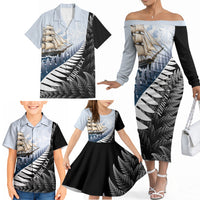 Personalised New Zealand Pakeha Family Matching Off The Shoulder Long Sleeve Dress and Hawaiian Shirt Kiwi Silver Fern and Sailing Ship Compass LT14 - Polynesian Pride