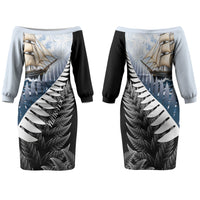Personalised New Zealand Pakeha Family Matching Off The Shoulder Long Sleeve Dress and Hawaiian Shirt Kiwi Silver Fern and Sailing Ship Compass LT14 Mom's Dress Blue - Polynesian Pride
