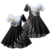 Personalised New Zealand Pakeha Family Matching Summer Maxi Dress and Hawaiian Shirt Kiwi Silver Fern and Sailing Ship Compass LT14 Daughter's Dress Blue - Polynesian Pride