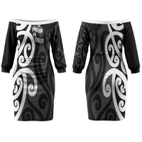 Lil Pakeha Lil Maori New Zealand Family Matching Off The Shoulder Long Sleeve Dress and Hawaiian Shirt Kiwi Proud Mangopare Pattern LT14 Mom's Dress Black - Polynesian Pride