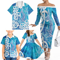 Hammerhead Shark Tattoo New Zealand Family Matching Off The Shoulder Long Sleeve Dress and Hawaiian Shirt Maori Galaxy Mangopare Pattern LT14 - Polynesian Pride
