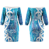 Hammerhead Shark Tattoo New Zealand Family Matching Off The Shoulder Long Sleeve Dress and Hawaiian Shirt Maori Galaxy Mangopare Pattern LT14 Mom's Dress Turquoise - Polynesian Pride
