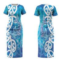 Hammerhead Shark Tattoo New Zealand Family Matching Short Sleeve Bodycon Dress and Hawaiian Shirt Maori Galaxy Mangopare Pattern LT14 Mom's Dress Turquoise - Polynesian Pride