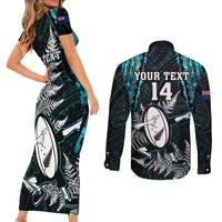Custom New Zealand Silver Fern Rugby Couples Matching Short Sleeve Bodycon Dress and Long Sleeve Button Shirts Aotearoa All Black Dabbing Ball With Maori Paua Shell LT14 - Polynesian Pride