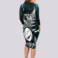Custom New Zealand Silver Fern Rugby Long Sleeve Bodycon Dress Aotearoa All Black Dabbing Ball With Maori Paua Shell LT14 - Polynesian Pride
