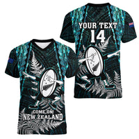 Custom New Zealand Silver Fern Rugby Women V Neck T Shirt Aotearoa All Black Dabbing Ball With Maori Paua Shell LT14 - Polynesian Pride