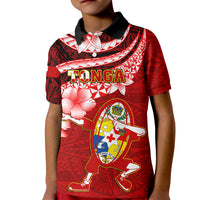 Tonga Rugby Kid Polo Shirt Ikale Tahi Tongan Ngatu Pattern With Dabbing Ball LT14 Kid Red - Polynesian Pride