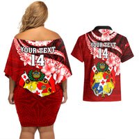 Custom Tonga Rugby Couples Matching Off Shoulder Short Dress and Hawaiian Shirt Ikale Tahi Tongan Ngatu Pattern With Dabbing Ball LT14 - Polynesian Pride