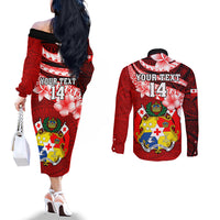Custom Tonga Rugby Couples Matching Off The Shoulder Long Sleeve Dress and Long Sleeve Button Shirts Ikale Tahi Tongan Ngatu Pattern With Dabbing Ball LT14 - Polynesian Pride