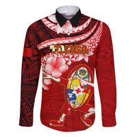 Custom Tonga Rugby Family Matching Summer Maxi Dress and Hawaiian Shirt Ikale Tahi Tongan Ngatu Pattern With Dabbing Ball LT14 Dad's Shirt - Long Sleeve Red - Polynesian Pride