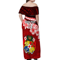 Custom Tonga Rugby Off Shoulder Maxi Dress Ikale Tahi Tongan Ngatu Pattern With Dabbing Ball LT14 - Polynesian Pride