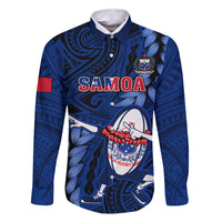 Samoa Rugby Family Matching Off Shoulder Short Dress and Hawaiian Shirt Manu Samoa Ula Fala Dabbing Ball Polynesian Blue Version LT14 Dad's Shirt - Long Sleeve Blue - Polynesian Pride