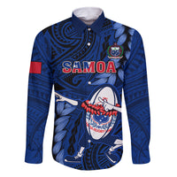 Custom Samoa Rugby Family Matching Tank Maxi Dress and Hawaiian Shirt Manu Samoa Ula Fala Dabbing Ball Polynesian Blue Version LT14 Dad's Shirt - Long Sleeve Blue - Polynesian Pride