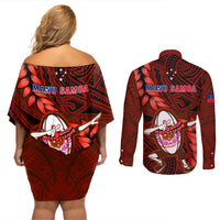 Samoa Rugby Couples Matching Off Shoulder Short Dress and Long Sleeve Button Shirts Manu Samoa Ula Fala Dabbing Ball Polynesian Red Version LT14 - Polynesian Pride