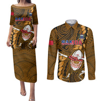Samoa Rugby Couples Matching Puletasi Dress and Long Sleeve Button Shirts Manu Samoa Ula Fala Dabbing Ball Polynesian Gold Version LT14 Gold - Polynesian Pride
